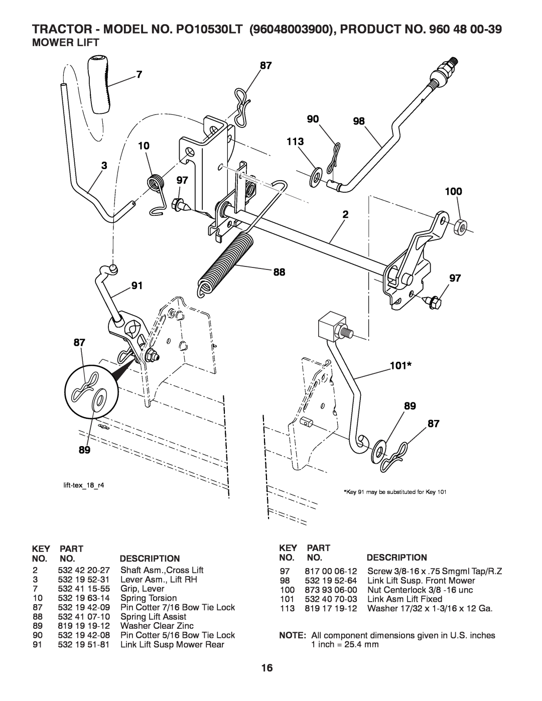 Poulan manual Mower Lift, TRACTOR - MODEL NO. PO10530LT 96048003900, PRODUCT NO. 960 48, lift-tex18r4 