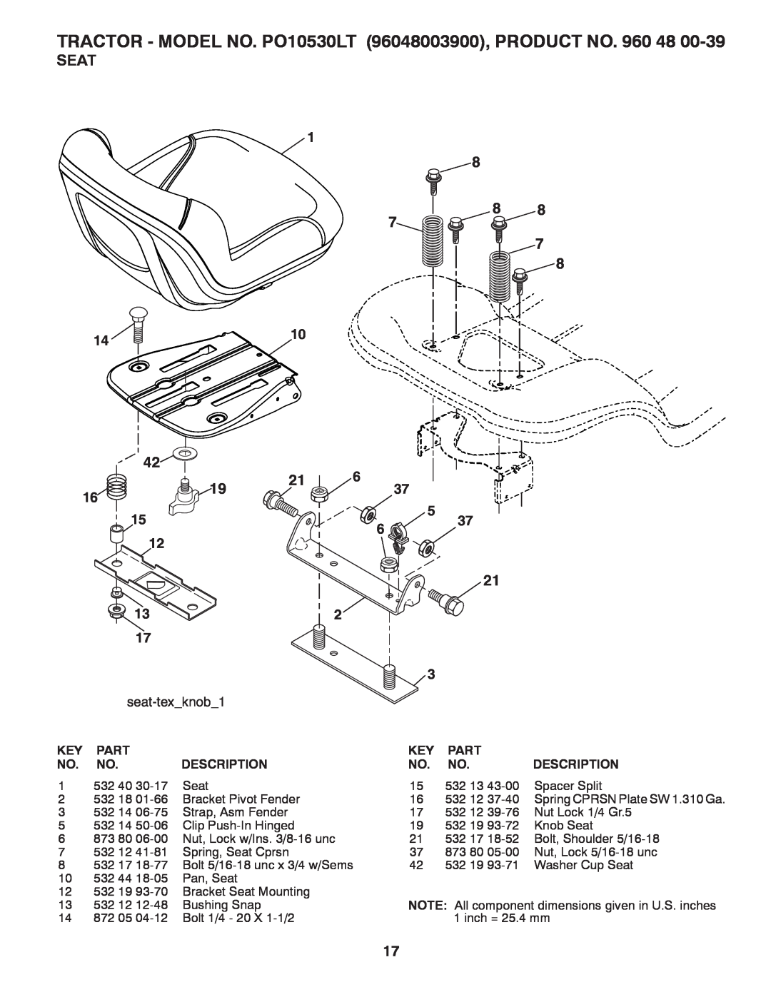 Poulan manual Seat, TRACTOR - MODEL NO. PO10530LT 96048003900, PRODUCT NO, seat-texknob1 
