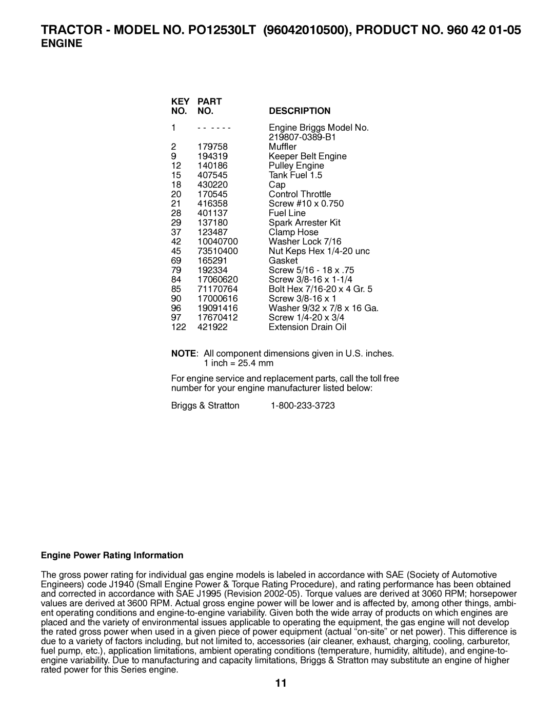 Poulan PO12530LT manual Engine Power Rating Information 