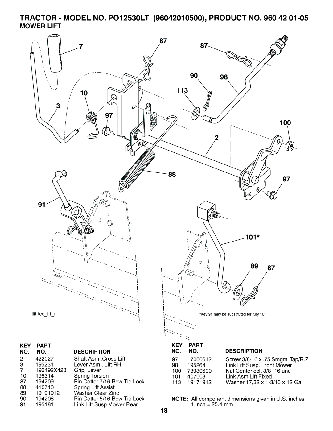 Poulan PO12530LT manual 113 100 101, Mower Lift 