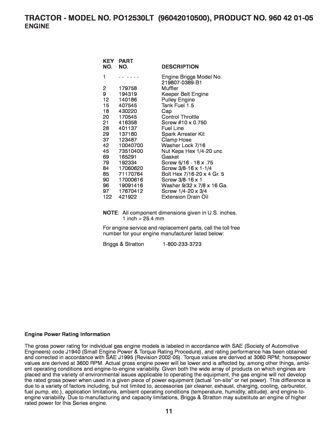 Poulan PO12530LT manual Engine Power Rating Information, Part, Description 