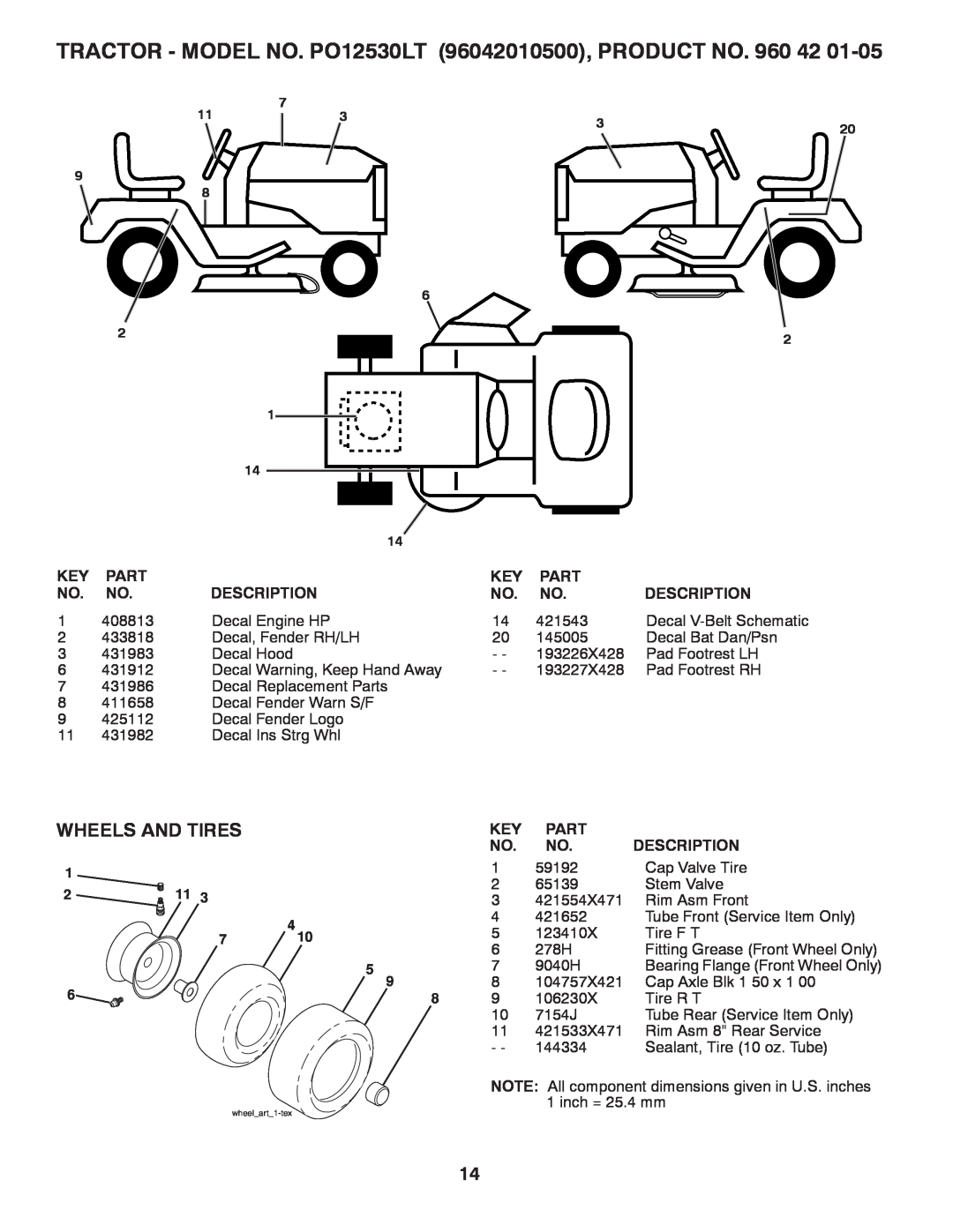 Poulan PO12530LT manual Wheels And Tires, Part, Description 