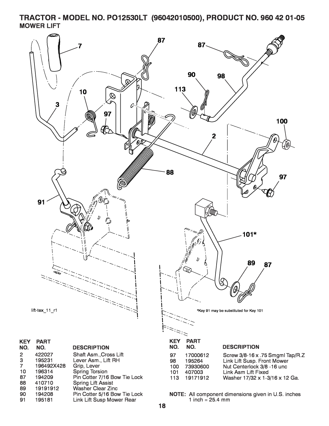 Poulan PO12530LT manual Mower Lift, 87 90 113, 100 97, 101, Part, Description 