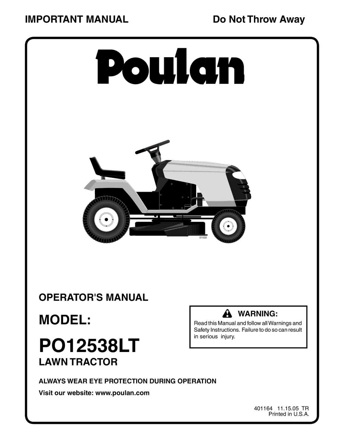 Poulan PO12538LT manual Model, Always Wear EYE Protection During Operation 