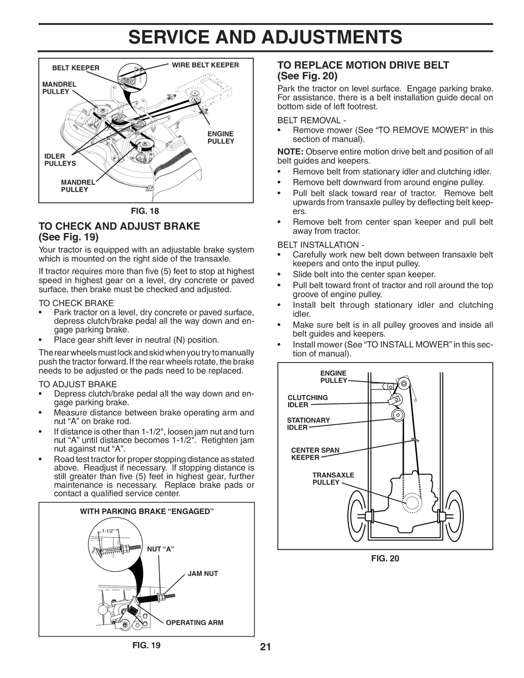 Poulan PO12538LT To Check and Adjust Brake See Fig, To Replace Motion Drive Belt See Fig, To Check Brake, To Adjust Brake 