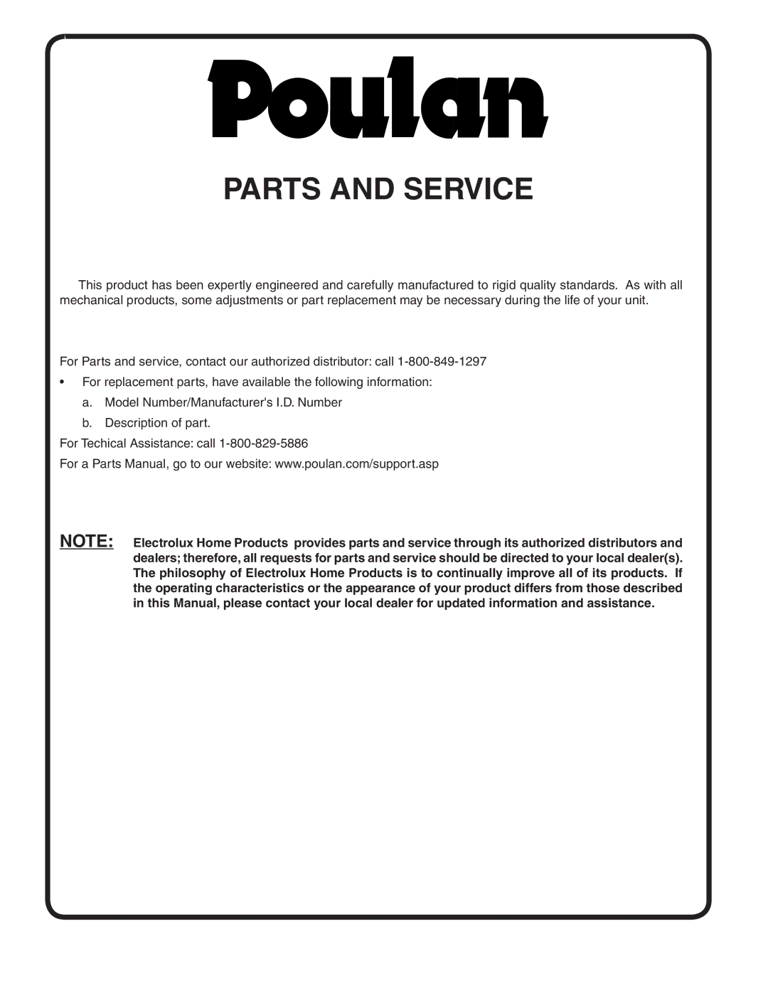 Poulan PO12538LT manual Parts and Service 