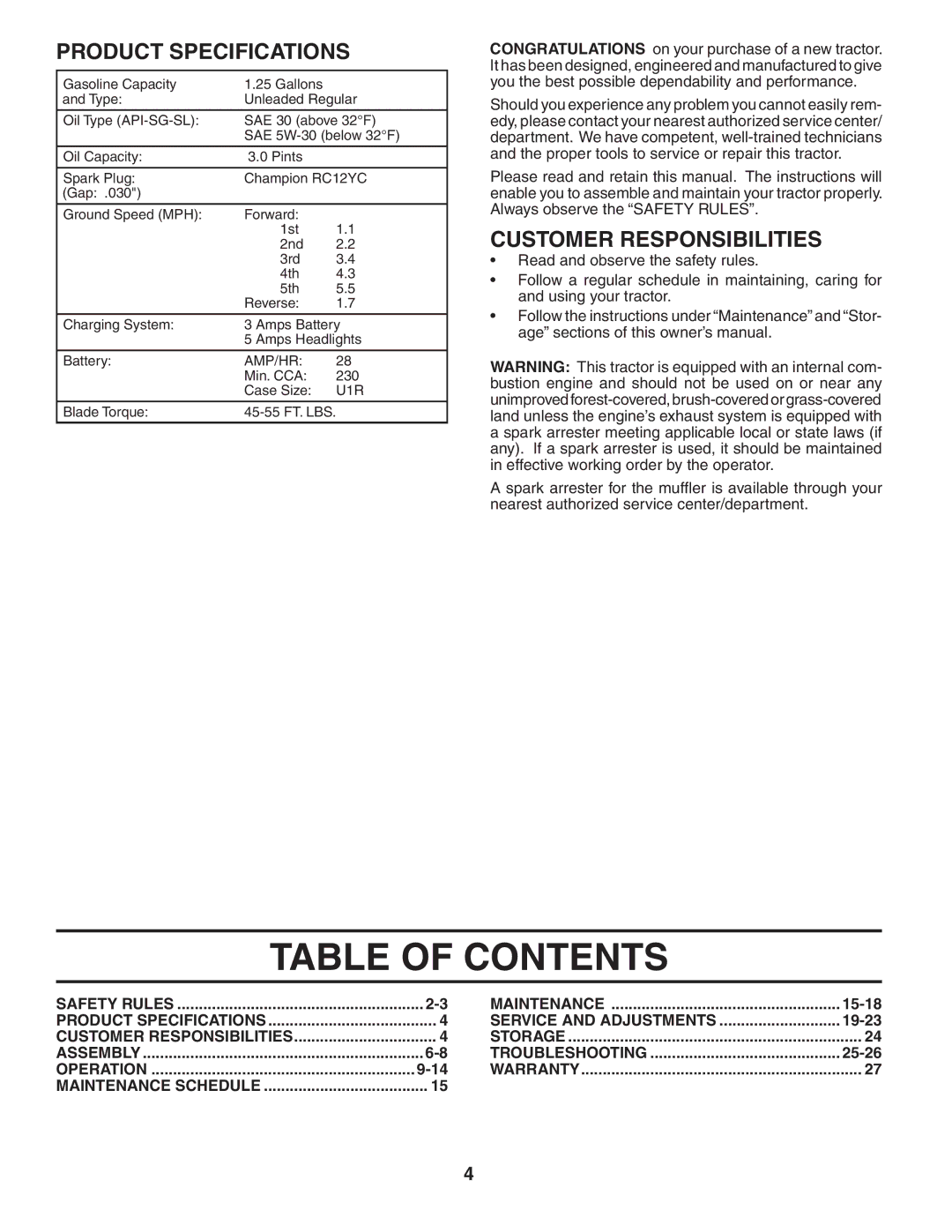 Poulan PO12538LT manual Table of Contents 