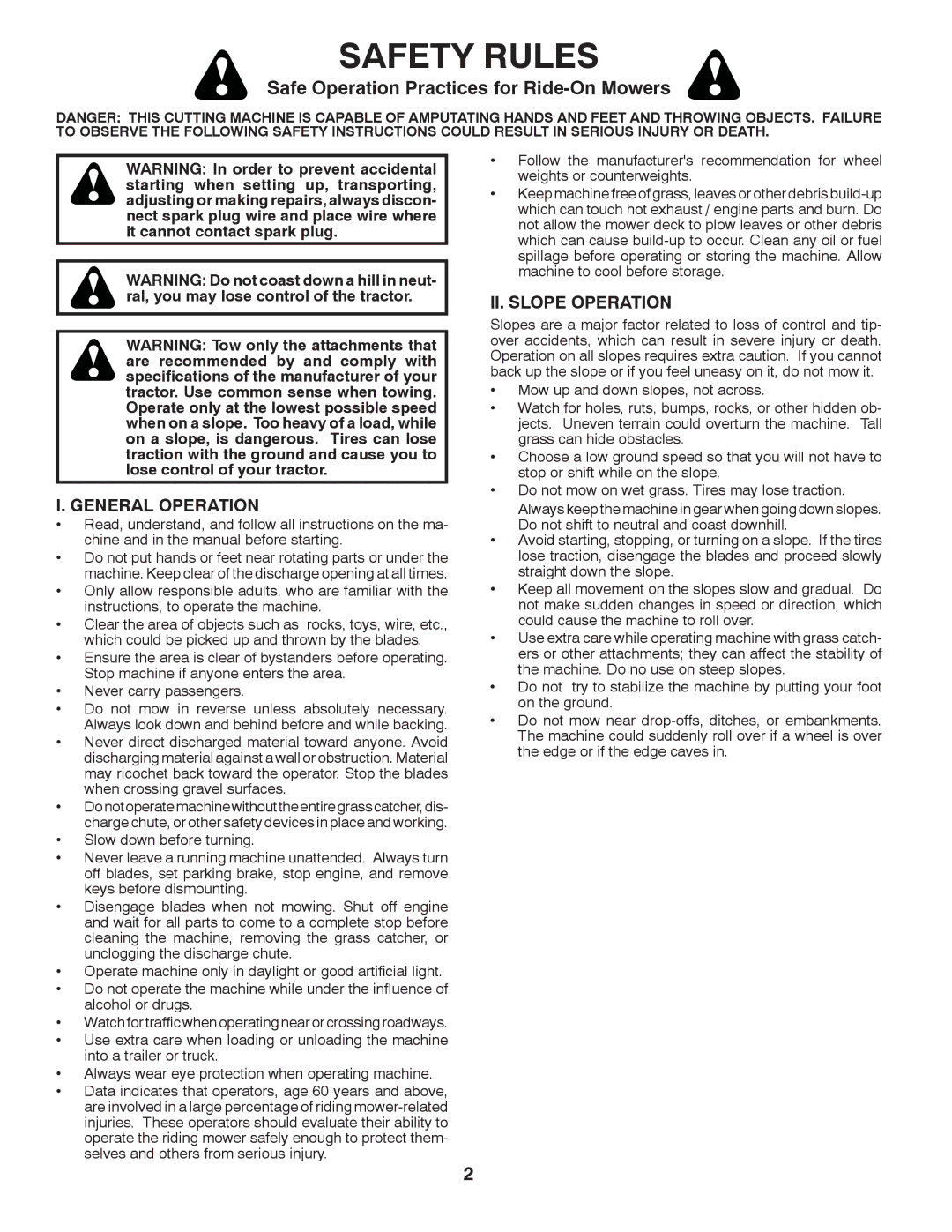 Poulan PO12538LT warranty Safety Rules, Safe Operation Practices for Ride-On Mowers 