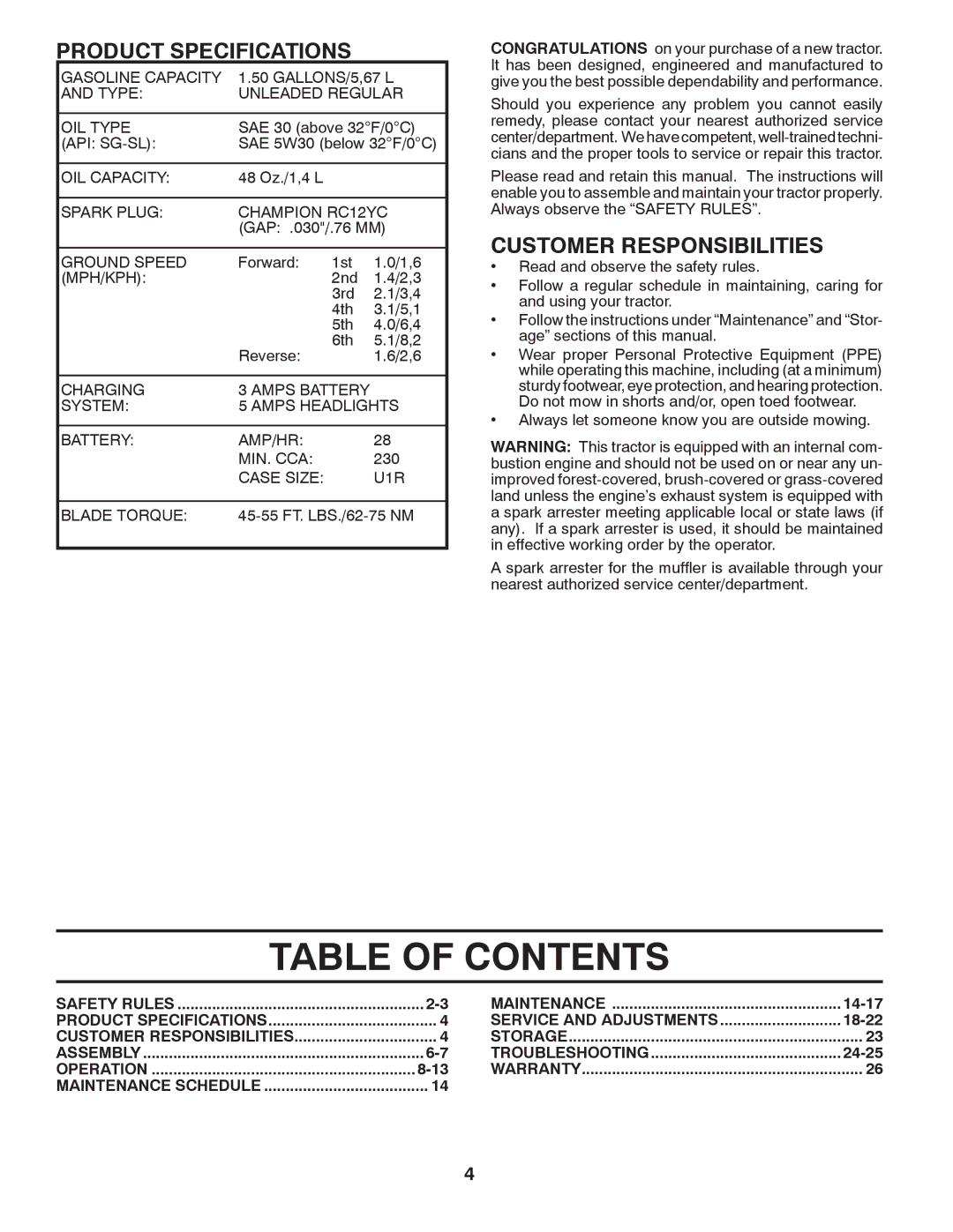 Poulan PO12538LT warranty Table of Contents 