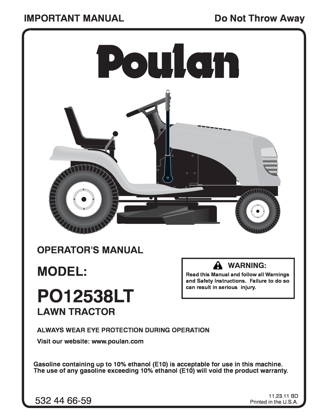 Poulan PO12538LT warranty Model, Important Manual, Operators Manual, Lawn Tractor, 532, Do Not Throw Away 