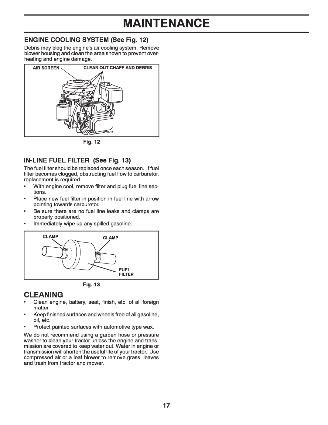 Poulan PO12538LT warranty Cleaning, ENGINE COOLING SYSTEM See Fig, IN-LINEFUEL FILTER See Fig, Maintenance 
