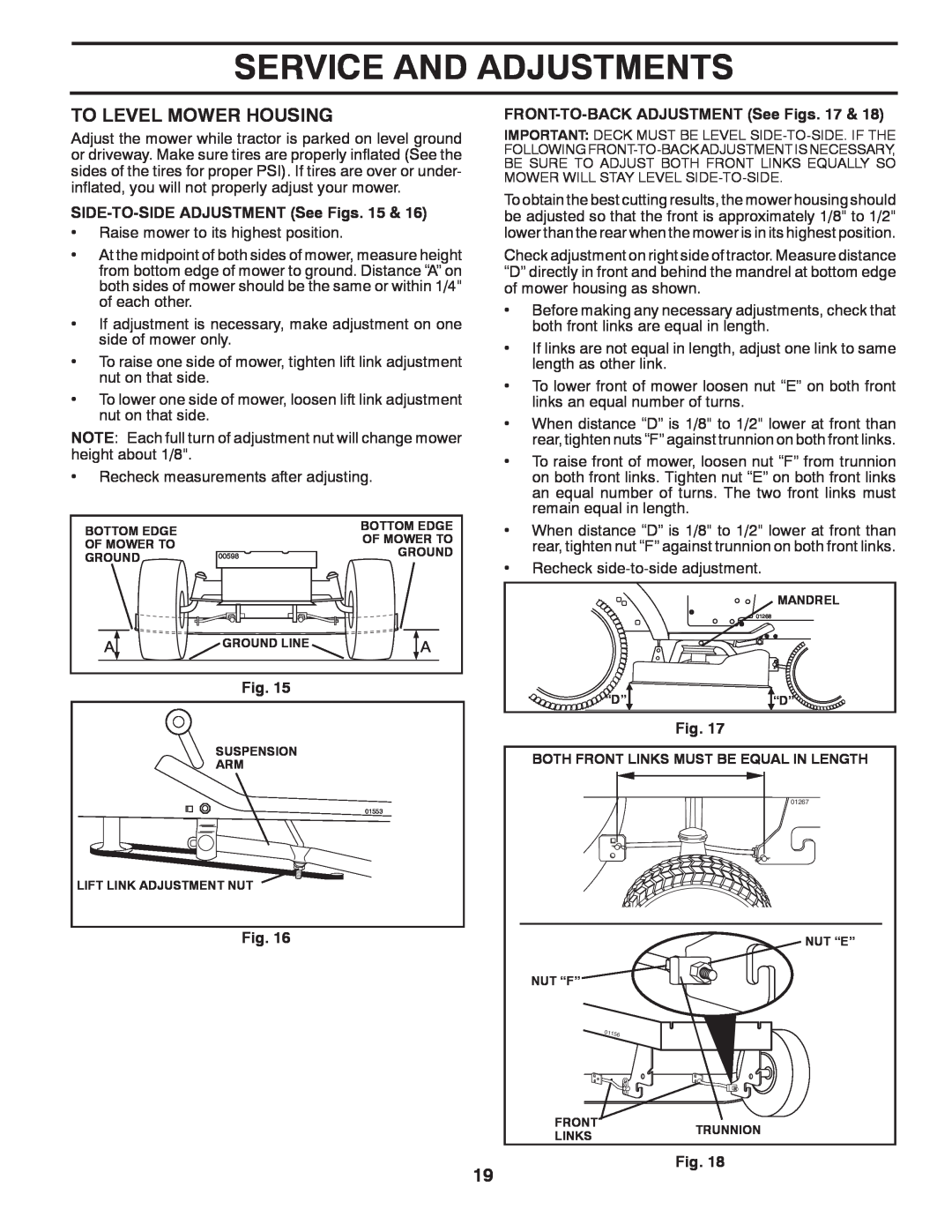 Poulan PO12538LT warranty To Level Mower Housing, Service And Adjustments, SIDE-TO-SIDEADJUSTMENT See Figs 