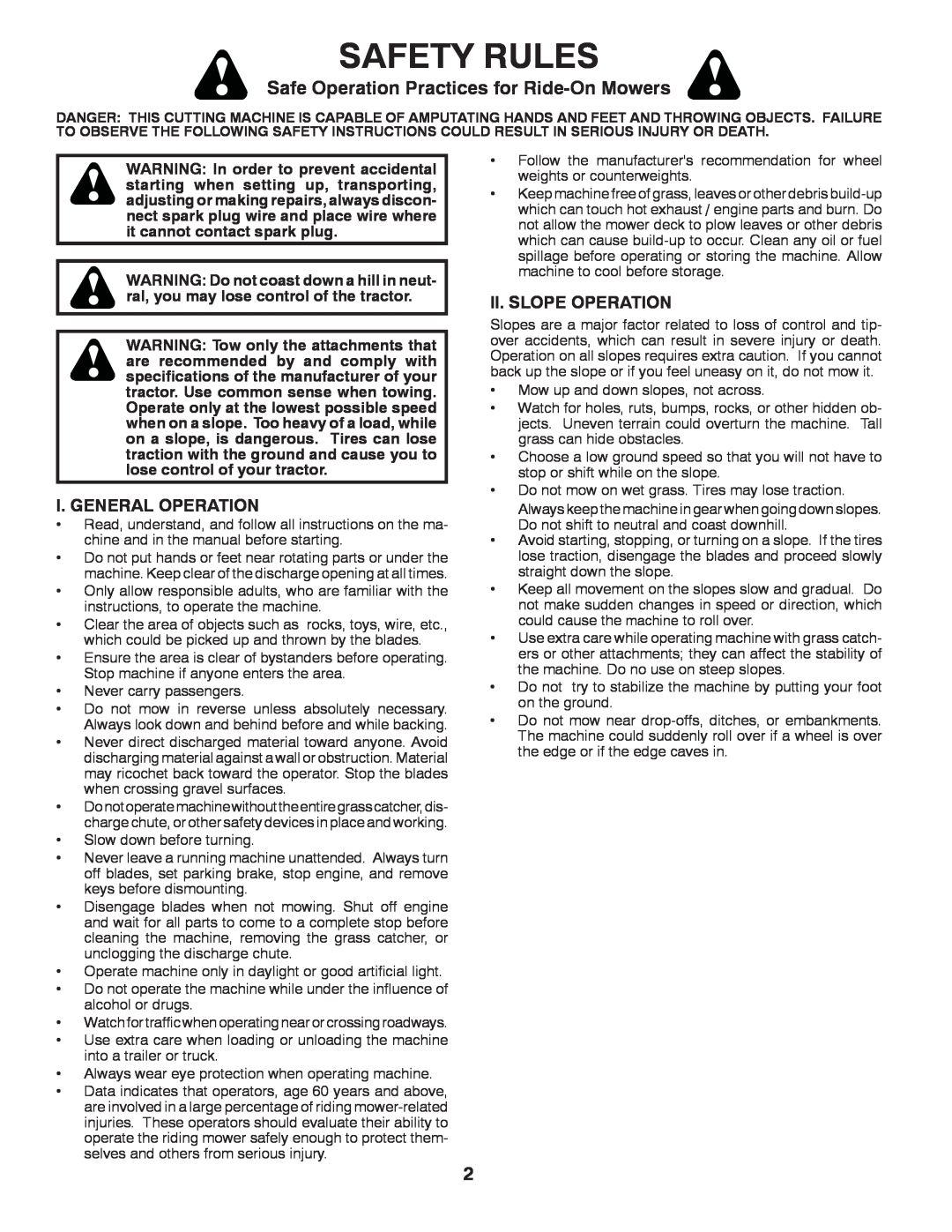 Poulan PO12538LT warranty Safety Rules, Safe Operation Practices for Ride-OnMowers 