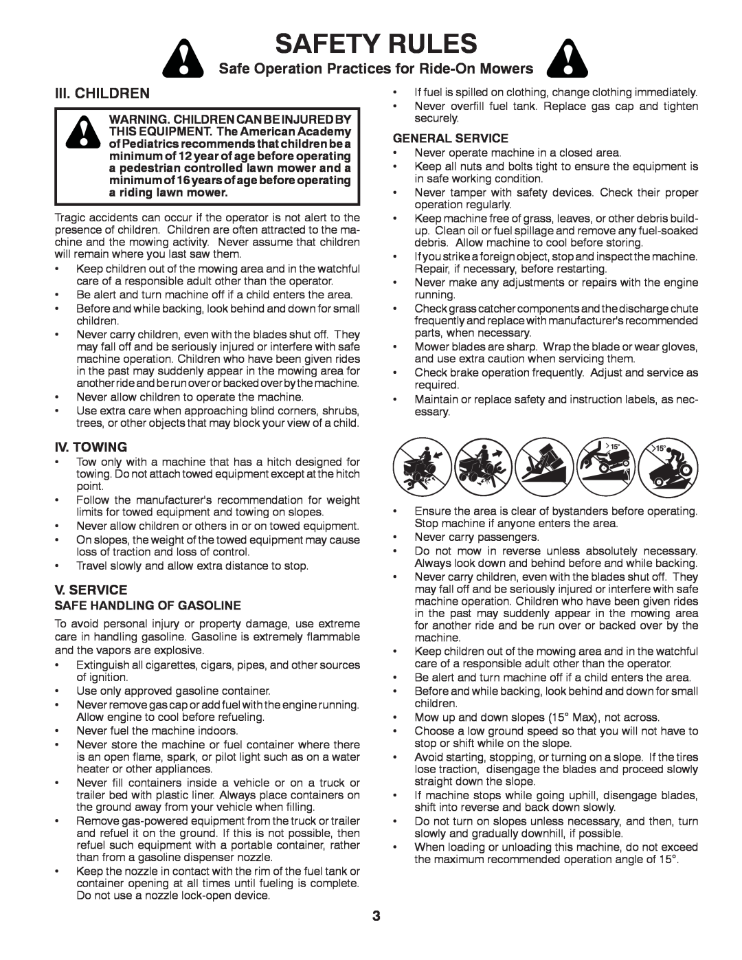 Poulan PO12538LT warranty Iii. Children, Safety Rules, Safe Operation Practices for Ride-OnMowers, Iv. Towing, V. Service 