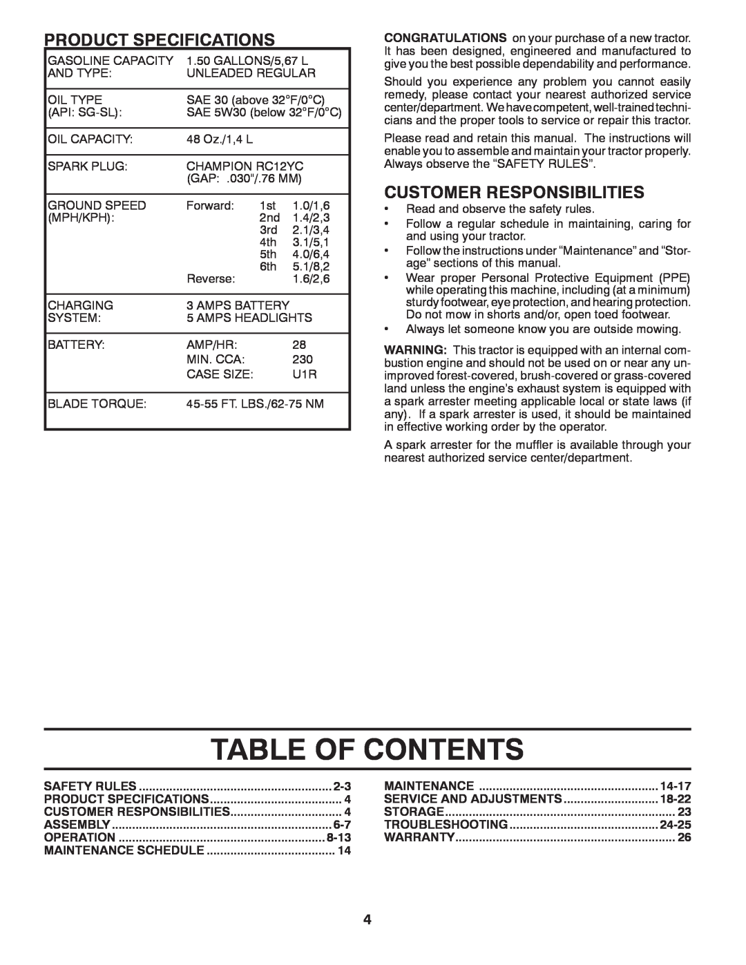 Poulan PO12538LT warranty Table Of Contents, Product Specifications, Customer Responsibilities 