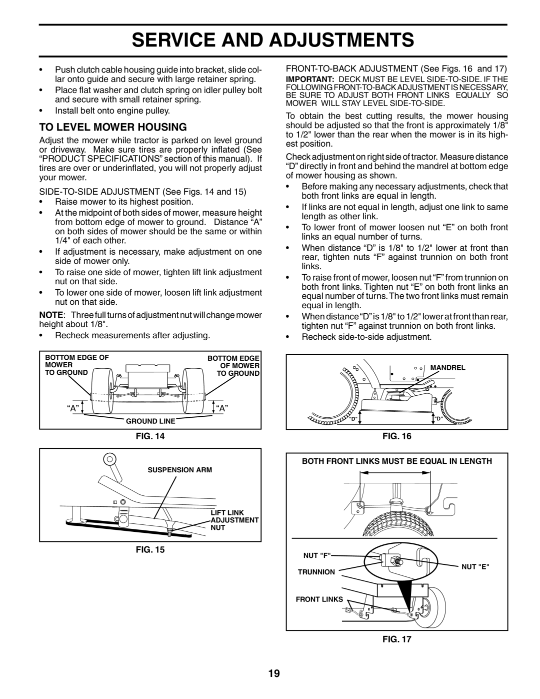 Poulan PO13T38A manual To Level Mower Housing, FRONT-TO-BACK Adjustment See Figs 