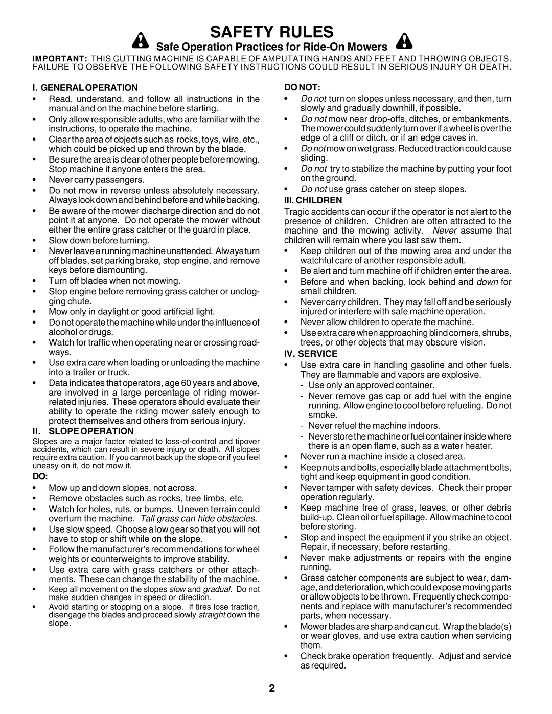 Poulan PO14542B owner manual Safety Rules, Safe Operation Practices for Ride-On Mowers 