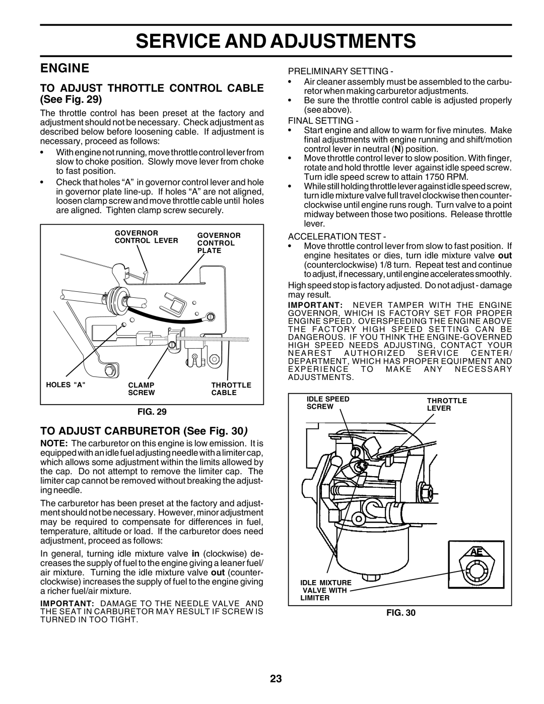 Poulan PO14542B To Adjust Throttle Control Cable See Fig, To Adjust Carburetor See Fig, Preliminary Setting, Final Setting 