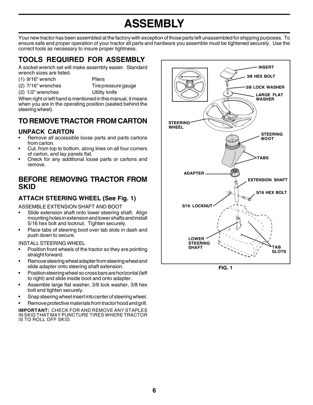 Poulan PO14542B Tools Required for Assembly, To Remove Tractor from Carton, Before Removing Tractor from Skid 