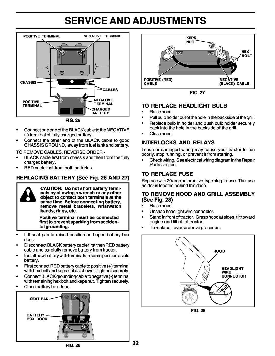 Poulan PO14542B owner manual To Replace Headlight Bulb, Interlocks And Relays, REPLACING BATTERY See AND, To Replace Fuse 