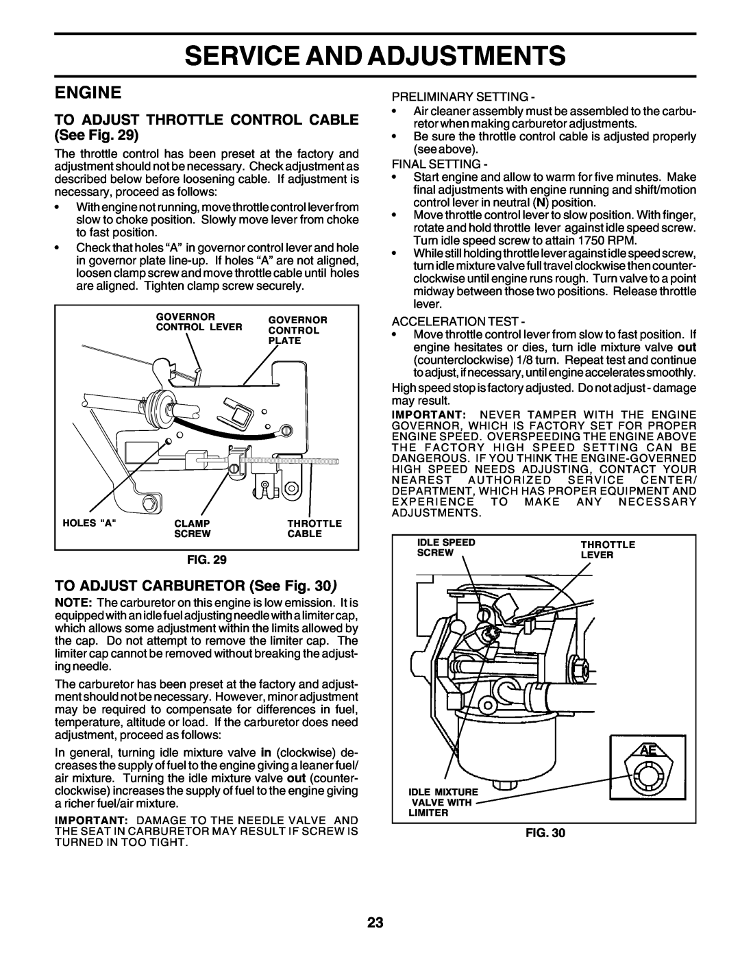 Poulan PO14542B TO ADJUST THROTTLE CONTROL CABLE See Fig, TO ADJUST CARBURETOR See Fig, Service And Adjustments, Engine 
