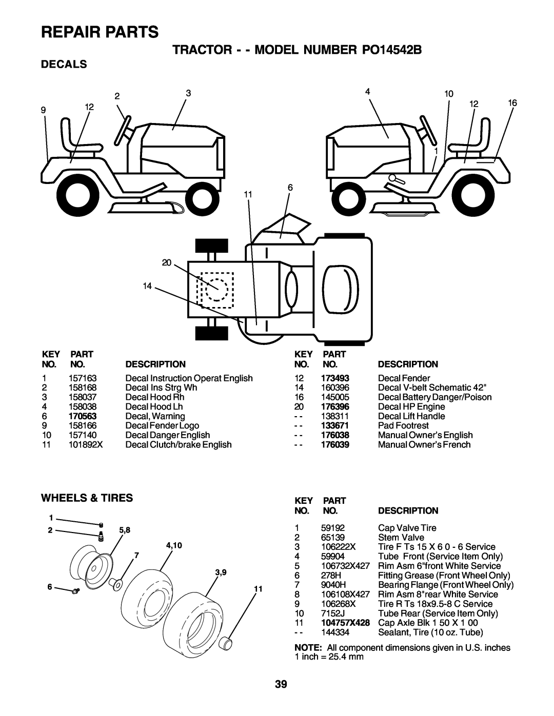 Poulan owner manual Decals, Wheels & Tires, Repair Parts, TRACTOR - - MODEL NUMBER PO14542B, 4,10 