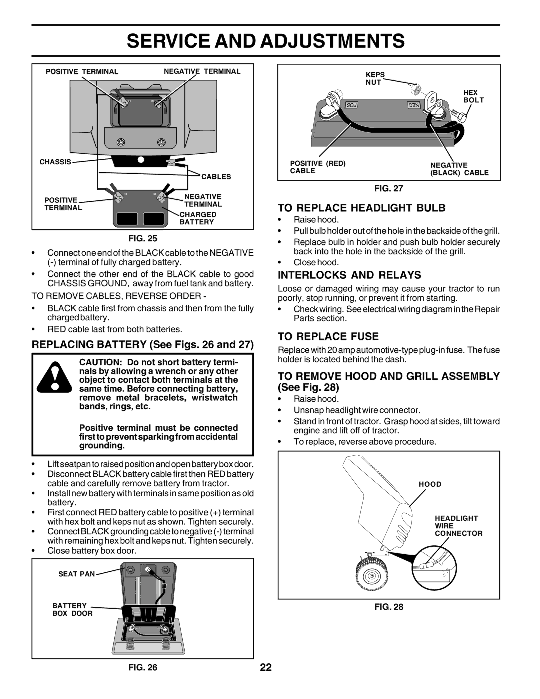 Poulan PO14542C manual Replacing Battery See Figs, To Replace Headlight Bulb, Interlocks and Relays, To Replace Fuse 