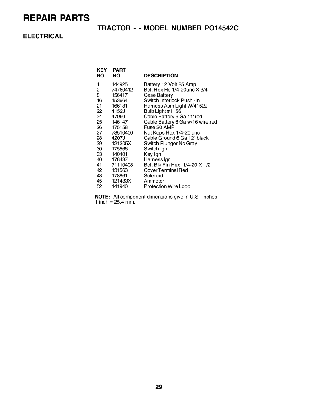 Poulan PO14542C manual KEY Part NO. NO. Description 