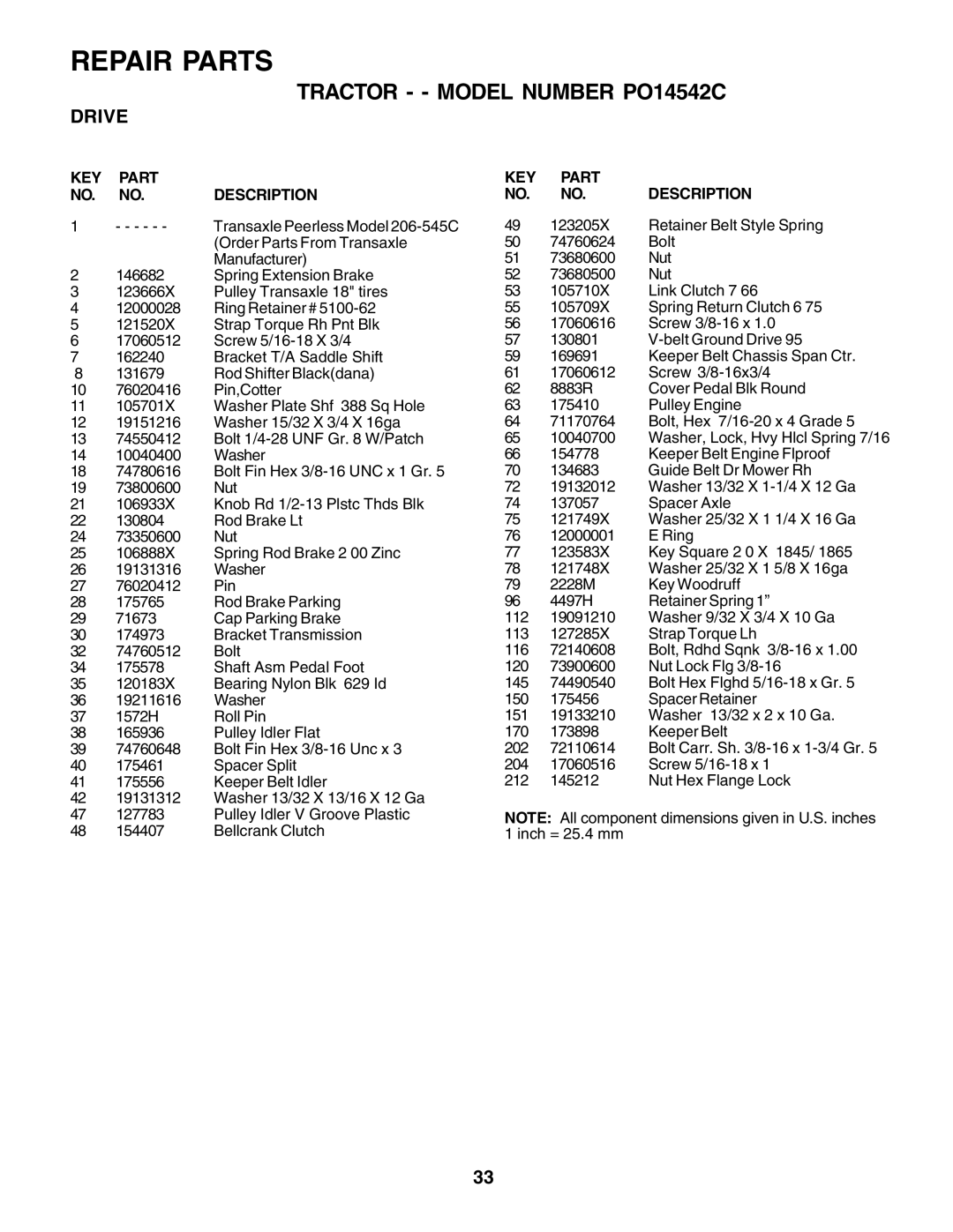 Poulan PO14542C manual Transaxle Peerless Model 206-545C 