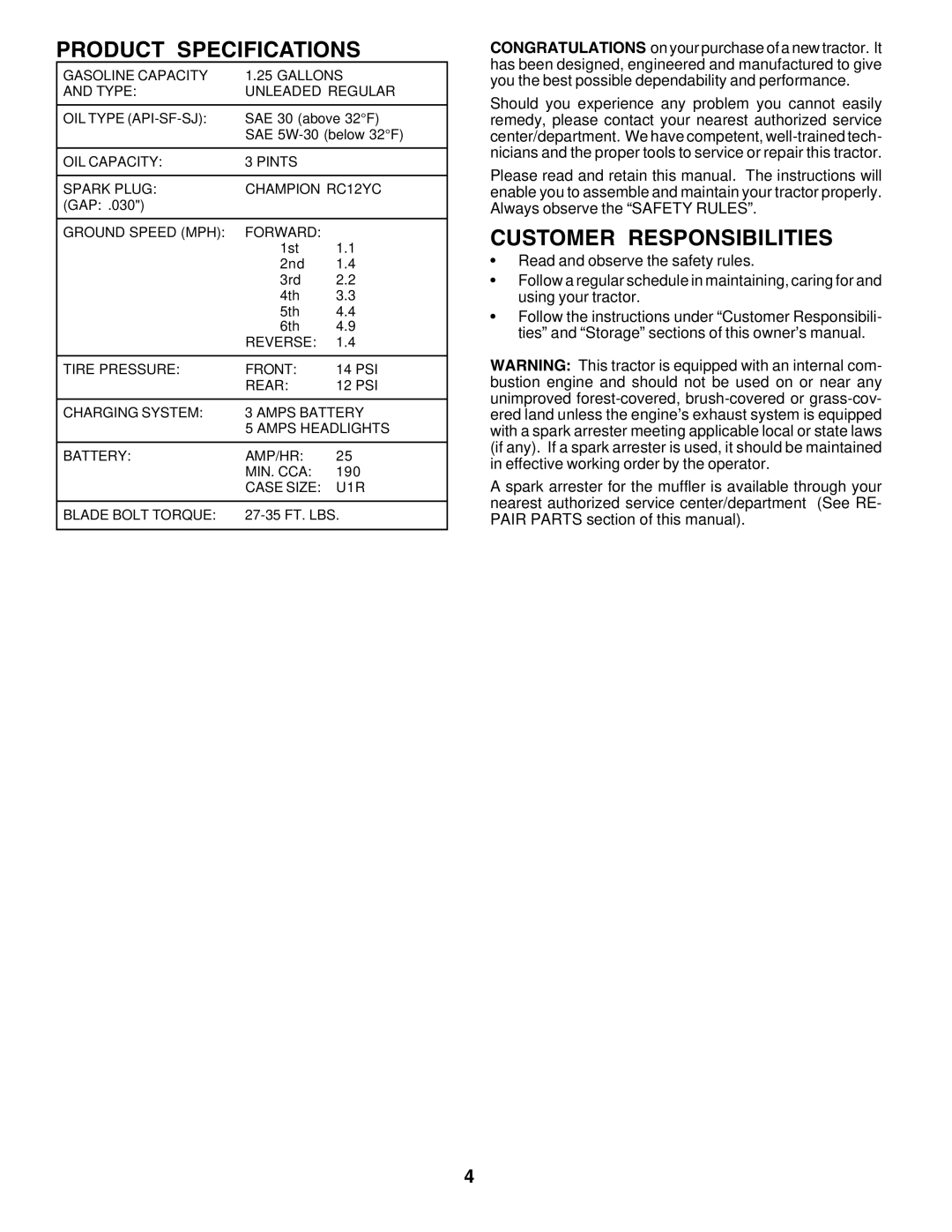 Poulan PO14542C manual Product Specifications, Customer Responsibilities 