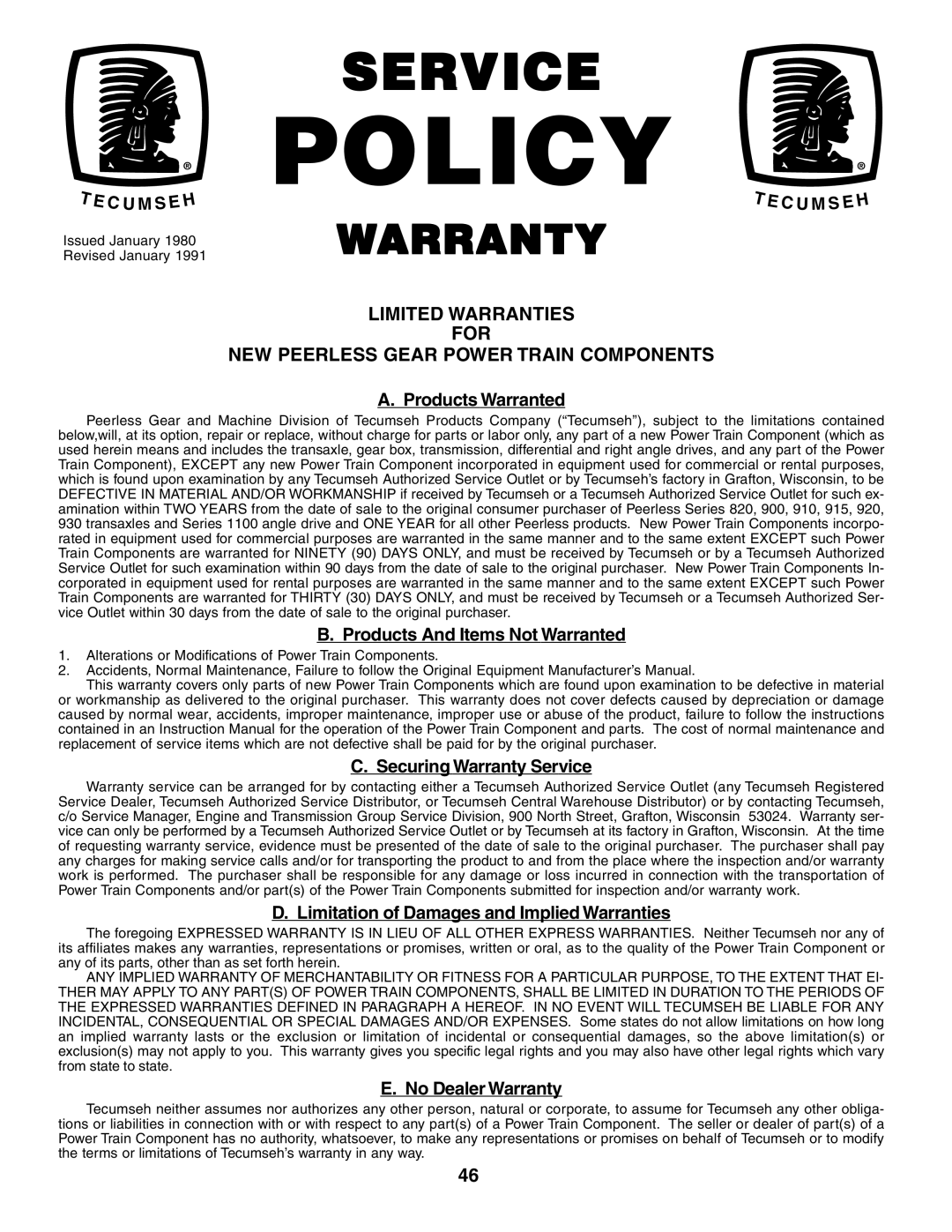 Poulan PO14542C manual Policy, For 