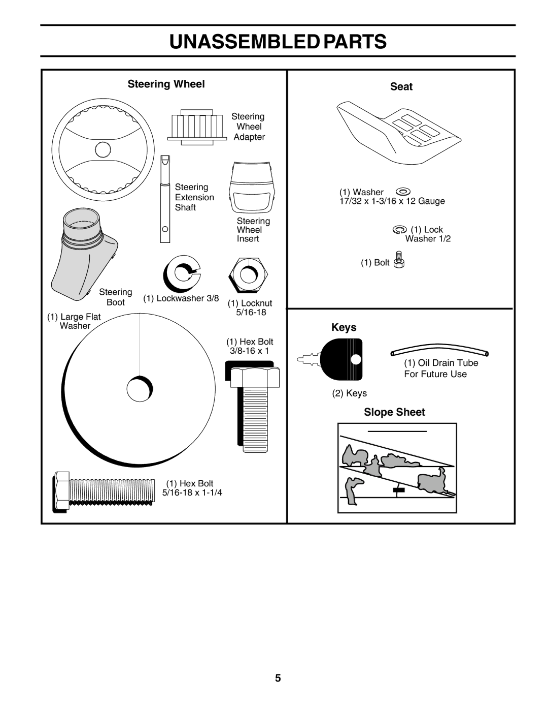 Poulan PO14542C manual Unassembled Parts, Steering Wheel Seat, Keys, Slope Sheet 