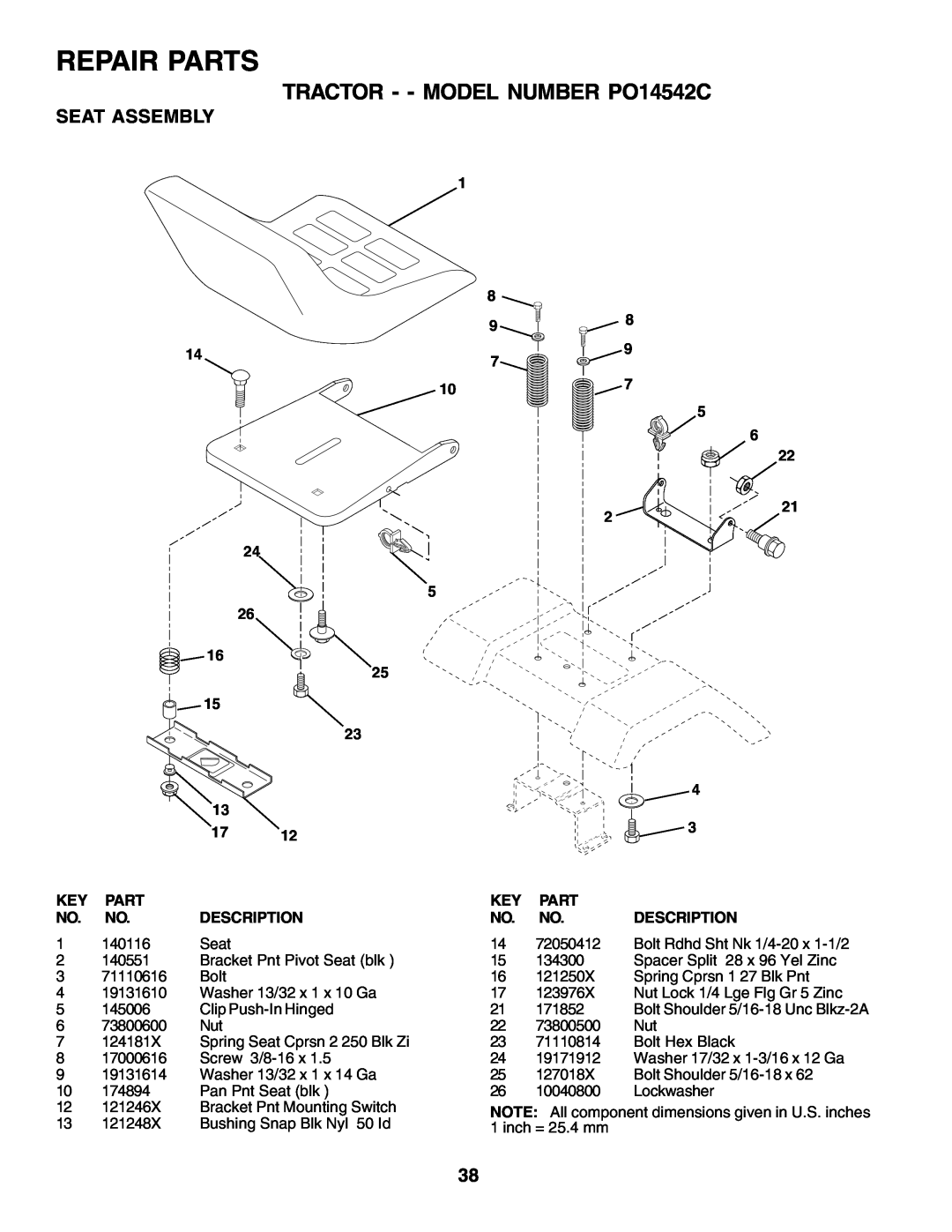 Poulan manual Repair Parts, TRACTOR - - MODEL NUMBER PO14542C, Seat Assembly, Description 