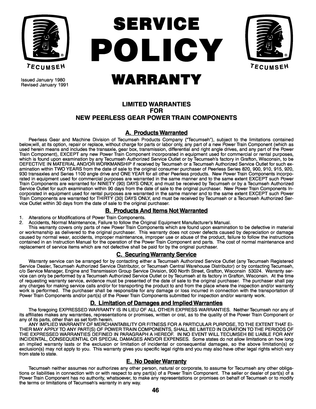 Poulan PO14542C manual Policy, Service, Warranty 