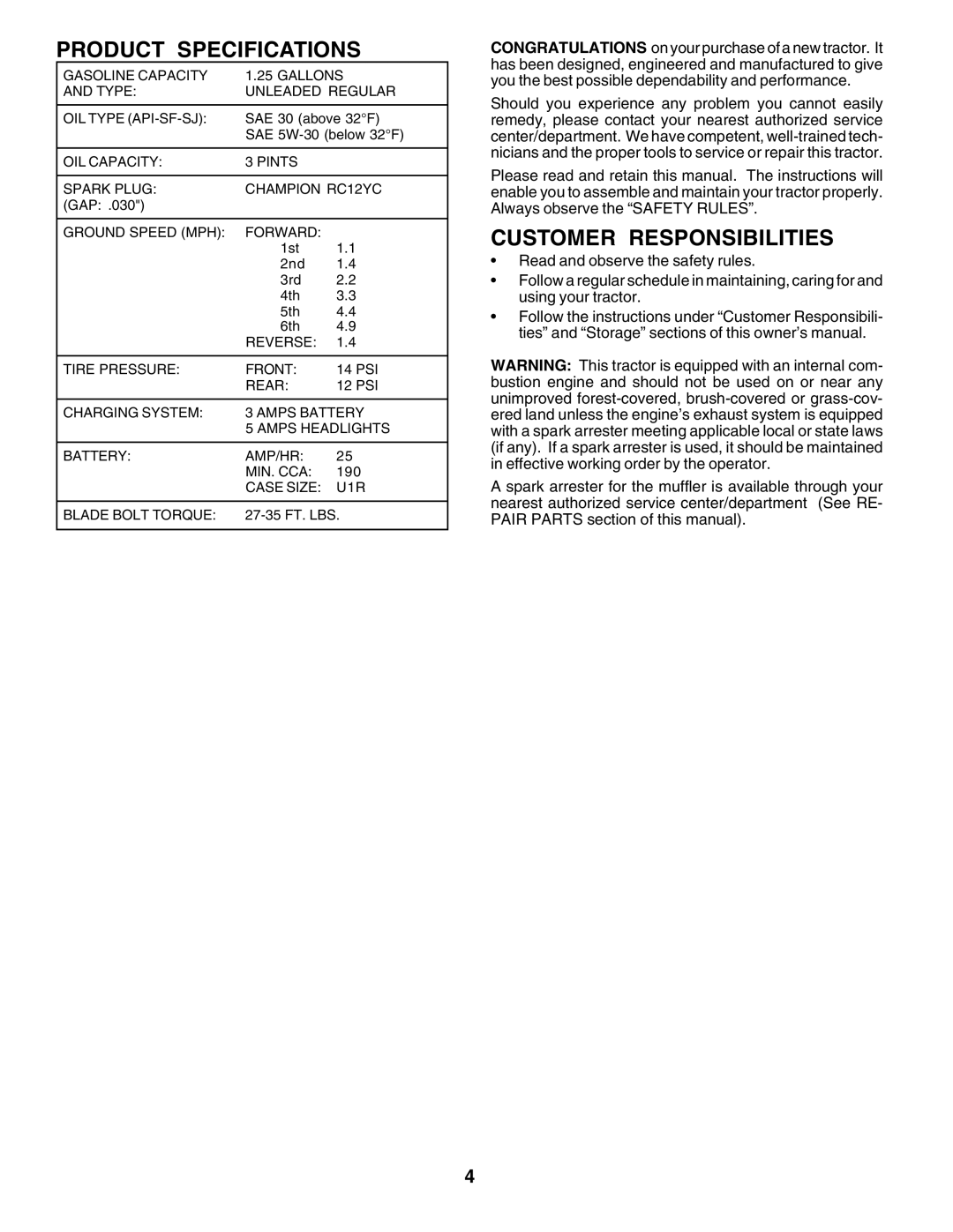 Poulan PO14542D manual Product Specifications, Customer Responsibilities 