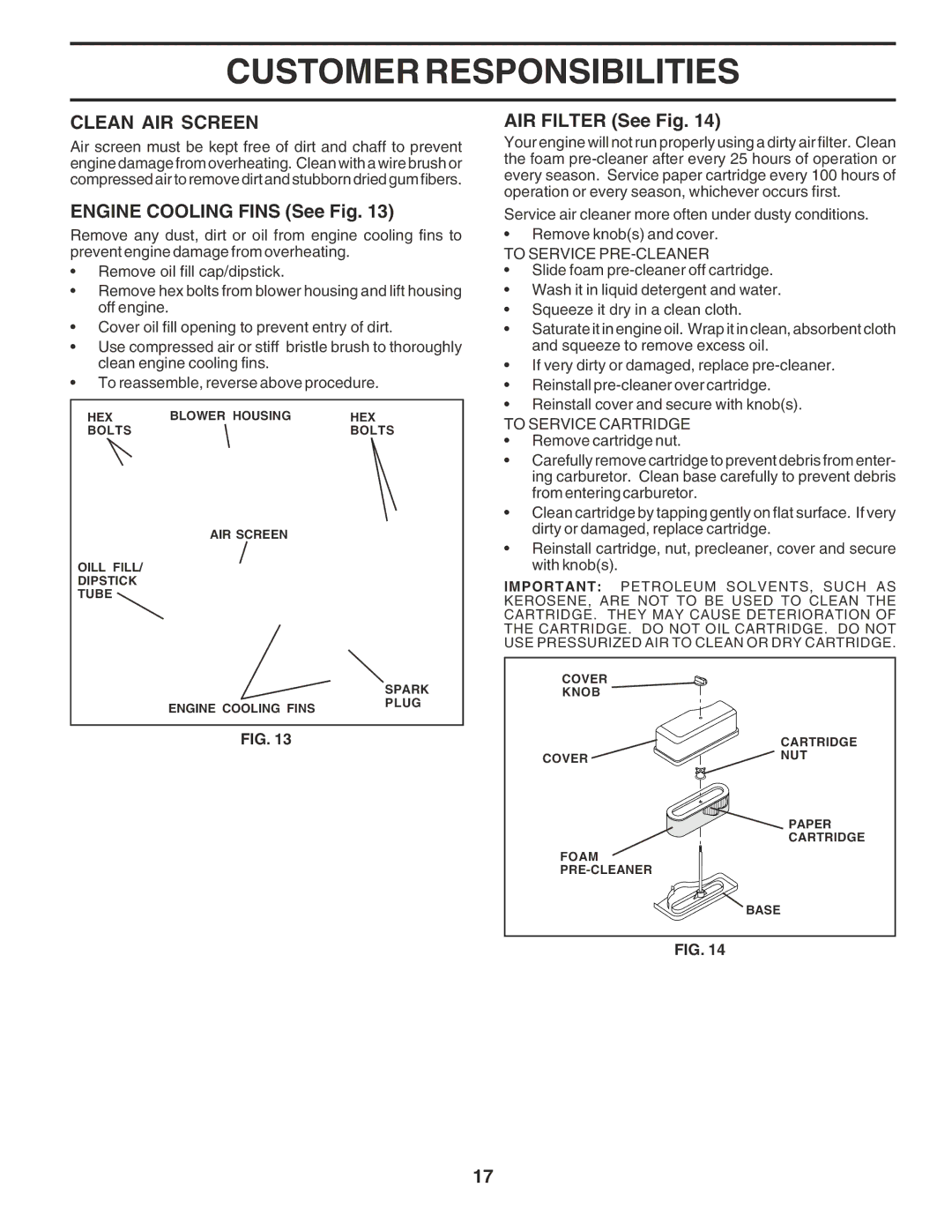 Poulan PO14542E manual Clean AIR Screen, Engine Cooling Fins See Fig, AIR Filter See Fig, To Service PRE-CLEANER 