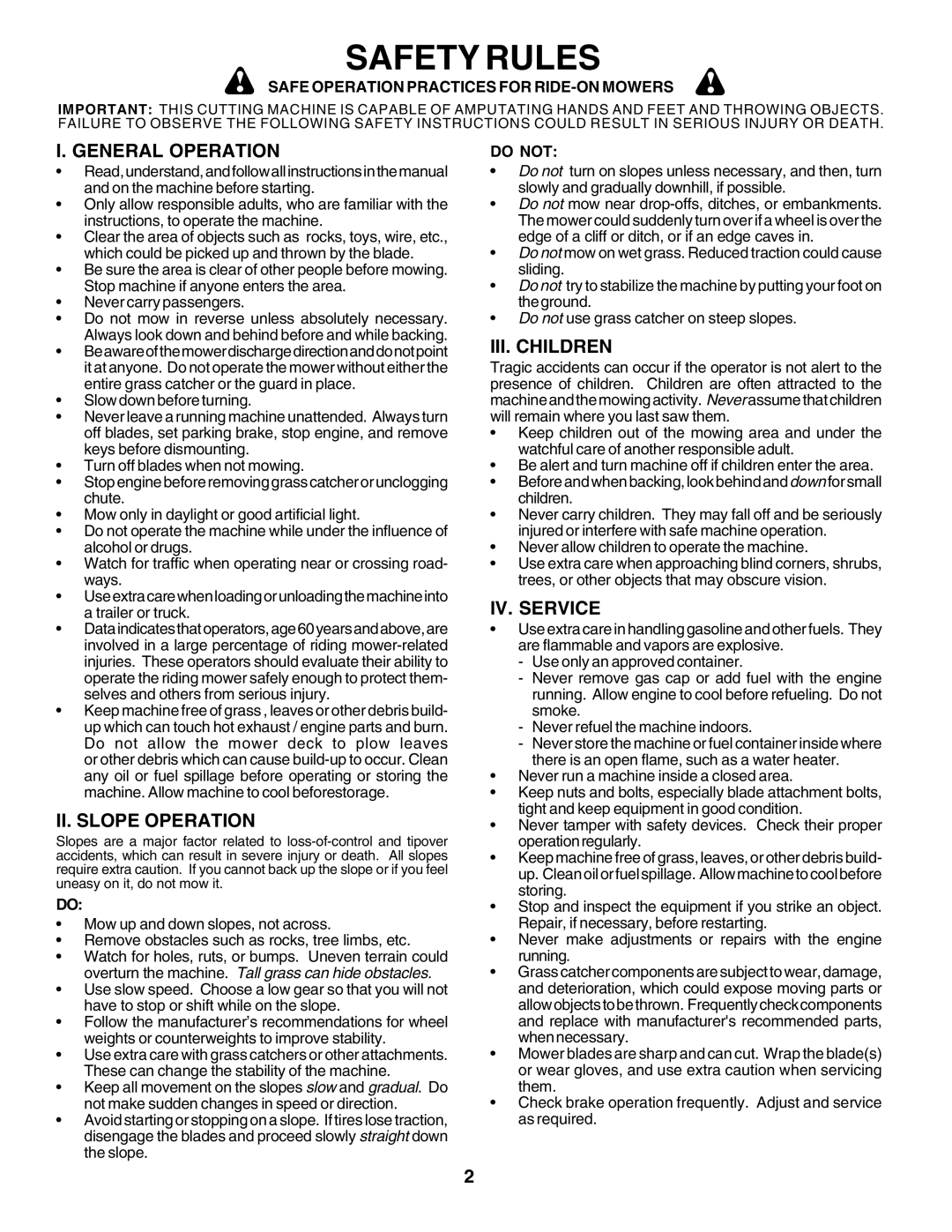 Poulan PO14542E manual Safety Rules, General Operation, II. Slope Operation, III. Children, IV. Service 