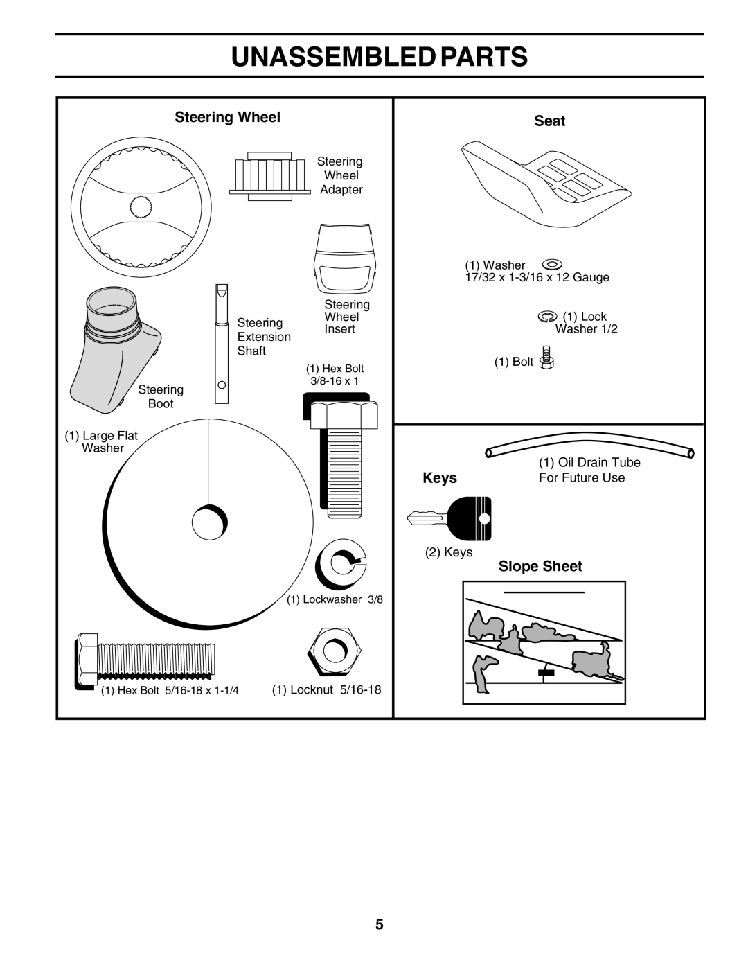 Poulan PO14542E manual Unassembled Parts, Steering Wheel Seat, Keys, Slope Sheet 