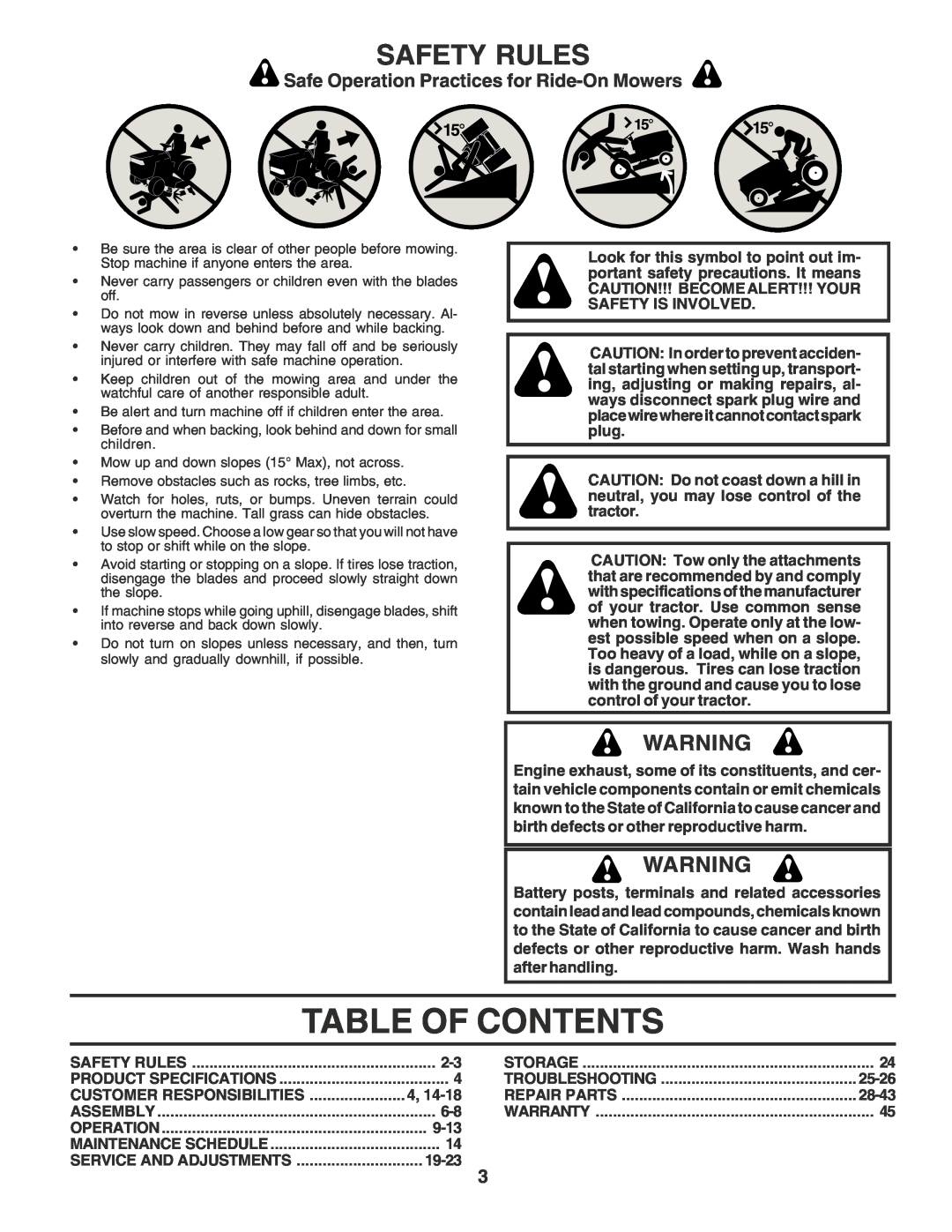 Poulan PO14542E manual Table Of Contents, Safety Rules, Safe Operation Practices for Ride-OnMowers 