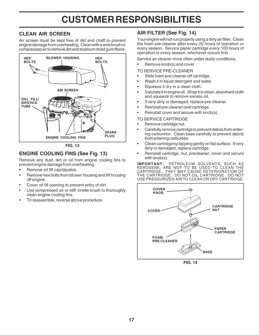 Poulan PO14542F manual Clean AIR Screen, Engine Cooling Fins See Fig, AIR Filter See Fig, To Service PRE-CLEANER 