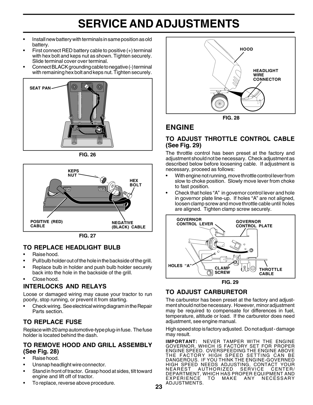 Poulan PO14542F manual To Replace Headlight Bulb, Interlocks and Relays, To Replace Fuse, To Adjust Carburetor 