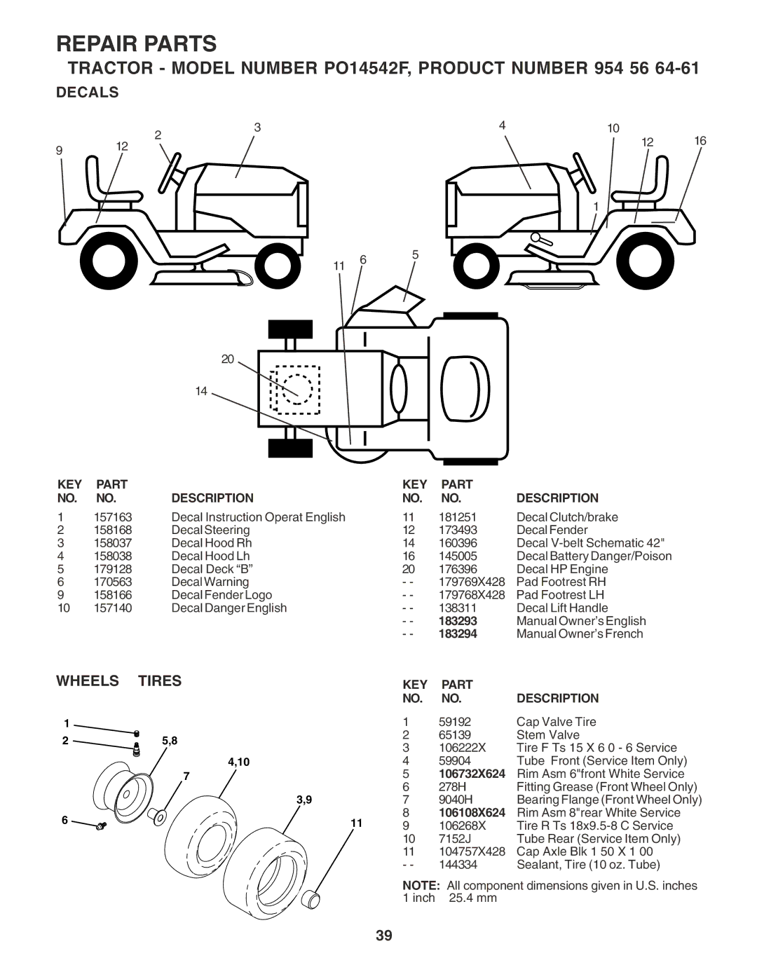 Poulan PO14542F manual Decals, Wheels & Tires 