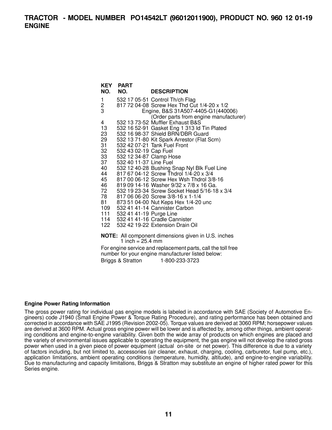 Poulan PO14542LT manual Engine Power Rating Information 