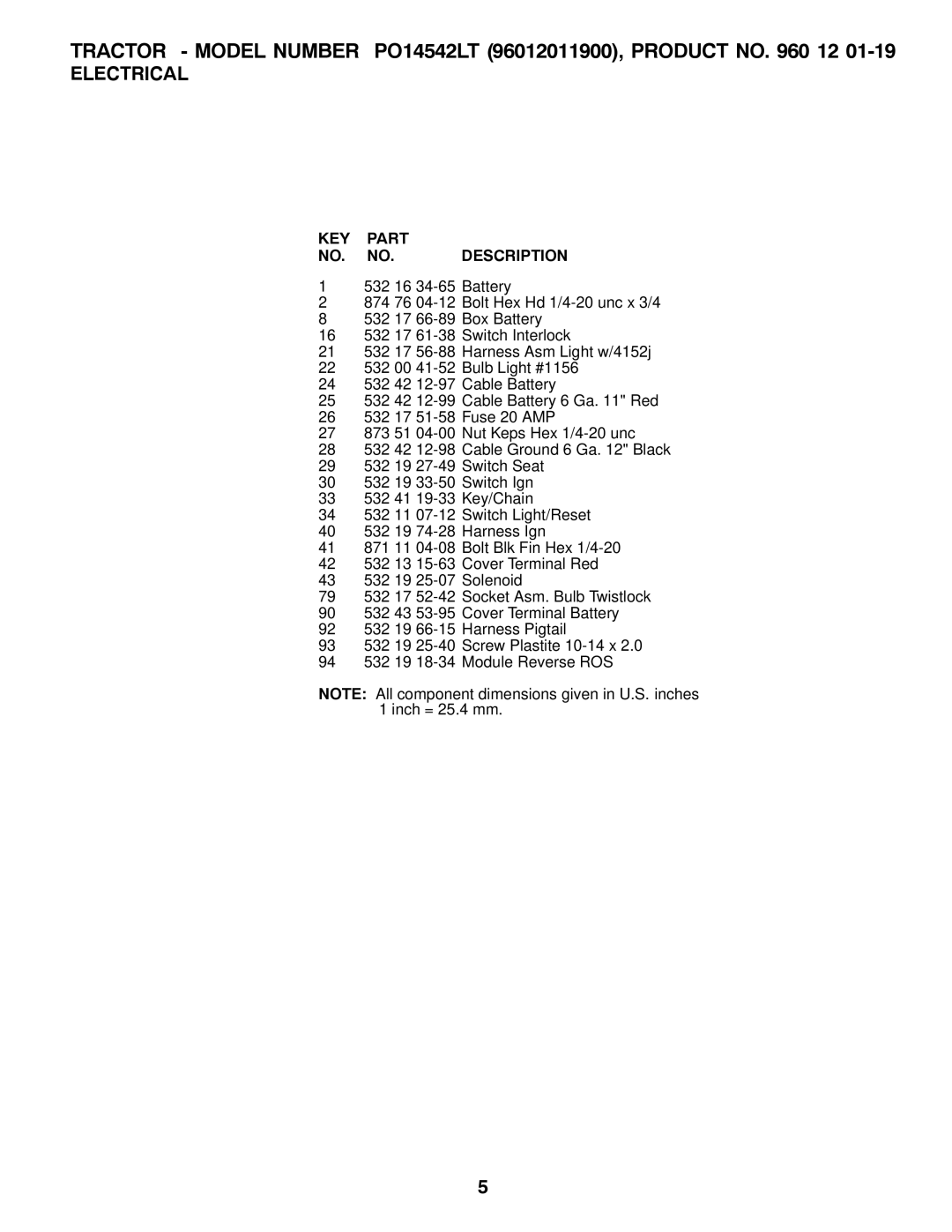 Poulan PO14542LT manual KEY Part NO. NO. Description 