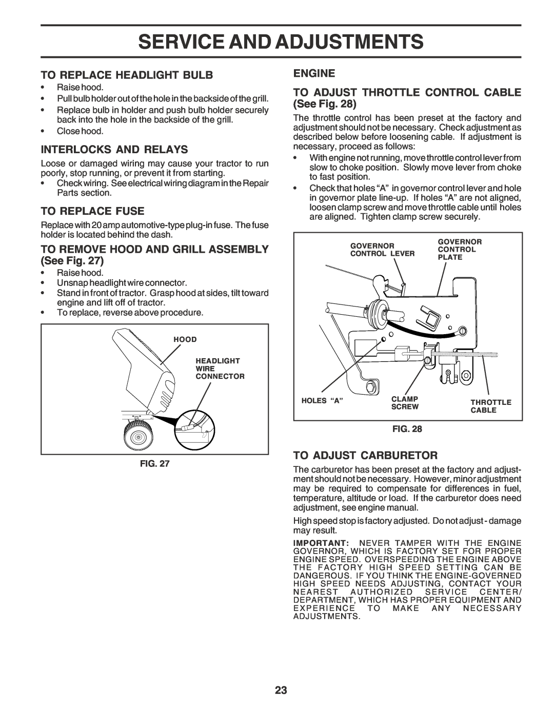 Poulan PO1538B manual To Replace Headlight Bulb, Interlocks And Relays, To Replace Fuse, To Adjust Carburetor 