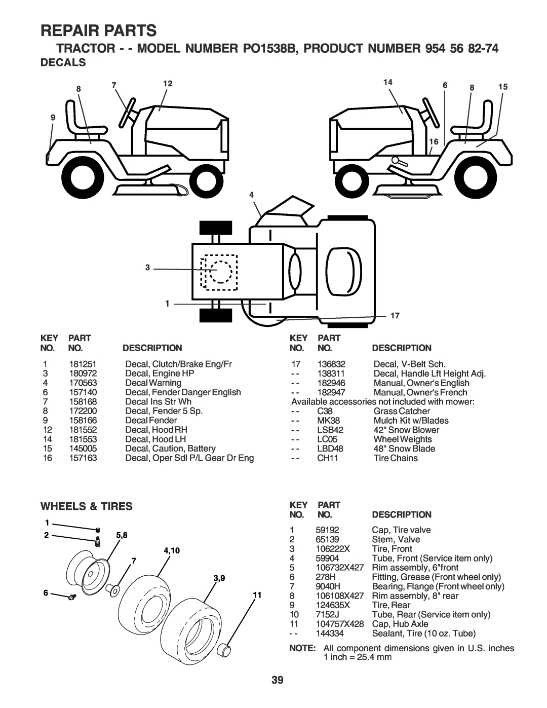Poulan manual Decals, Wheels & Tires, Repair Parts, TRACTOR - - MODEL NUMBER PO1538B, PRODUCT NUMBER 954 56, 25,8 4,10 