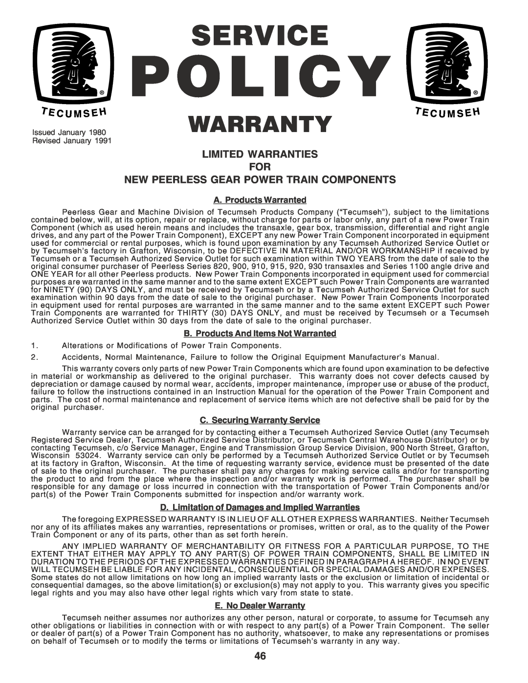 Poulan PO1538B Limited Warranties For New Peerless Gear Power Train Components, Policy, Service, Warranty, T E C U M Seh 