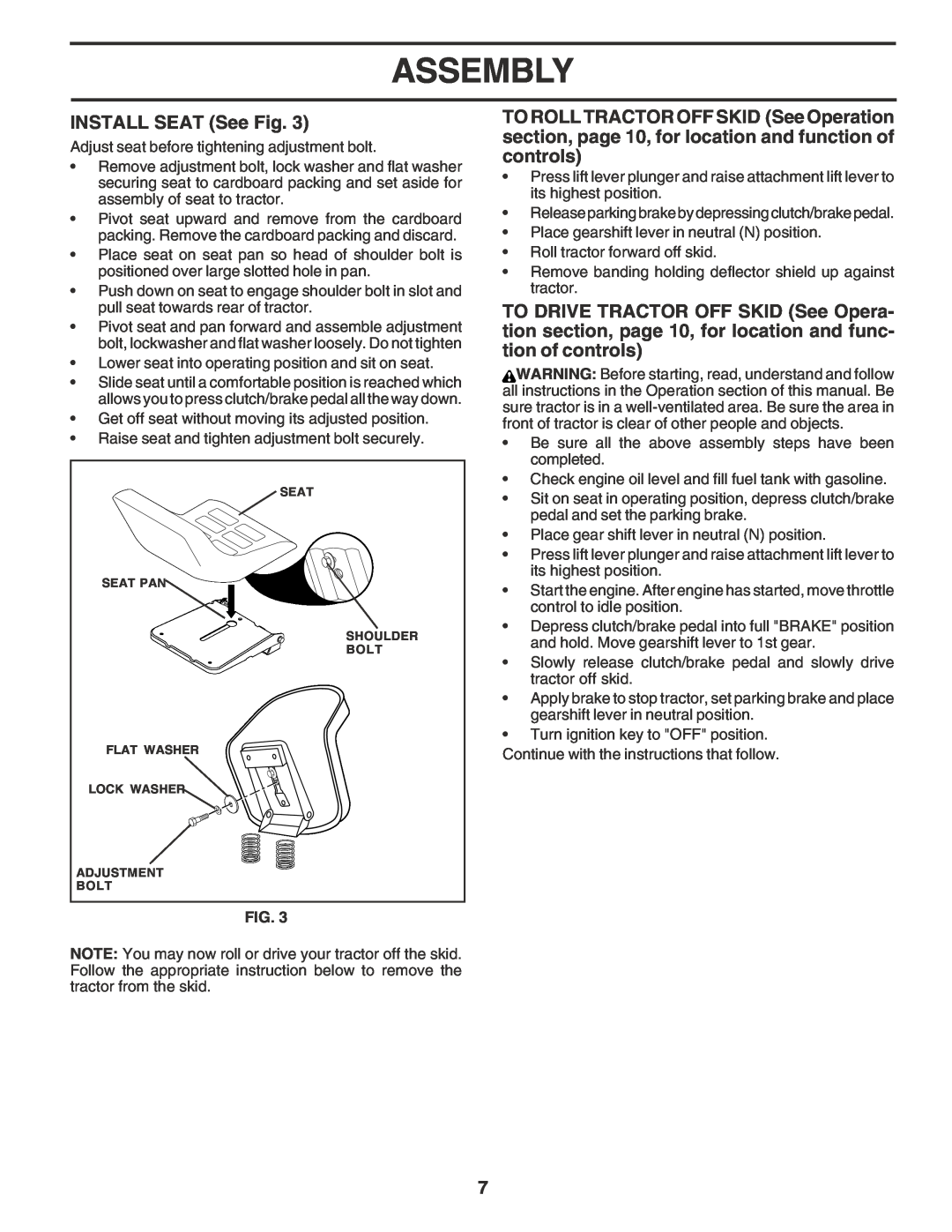 Poulan PO1538B manual INSTALL SEAT See Fig, Assembly 