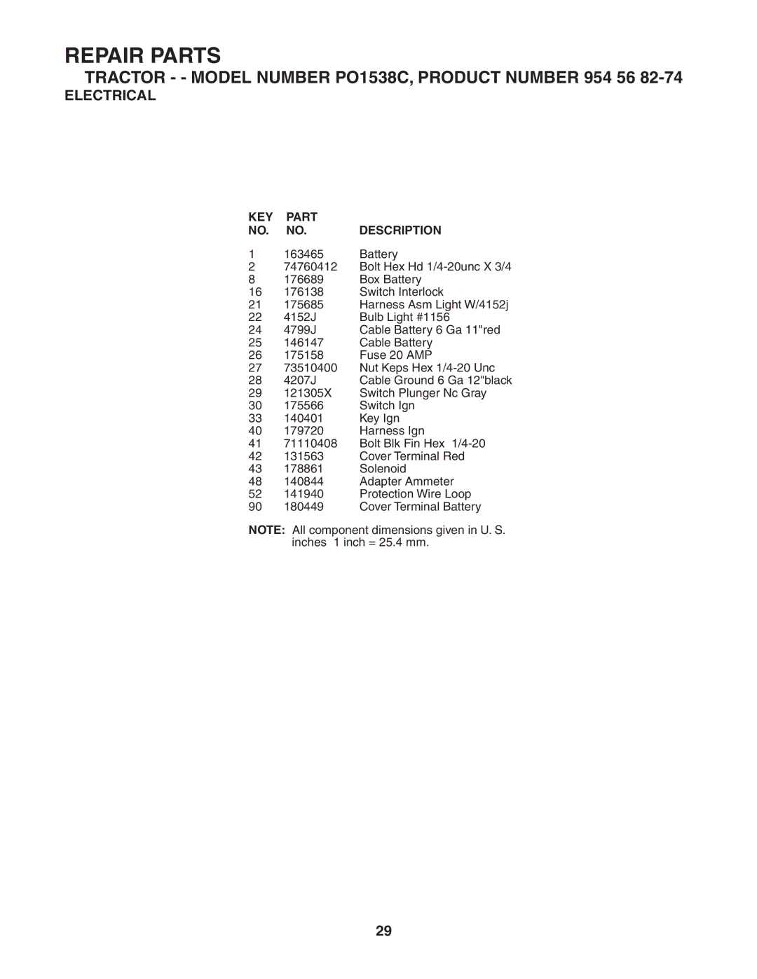 Poulan PO1538C manual KEY Part Description 