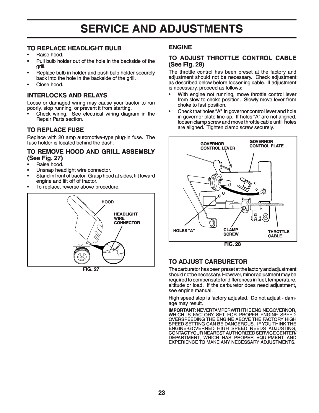 Poulan PO1538C manual To Replace Headlight Bulb, Interlocks And Relays, To Replace Fuse, To Adjust Carburetor 